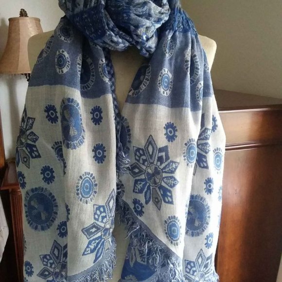 Blue Floral Large Scarf with fringe, 80"x16" - Picture 2 of 8